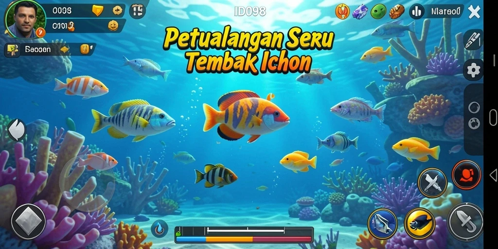 Screenshot gameplay ID098 dengan ikan berwarna-warni dan senjata.