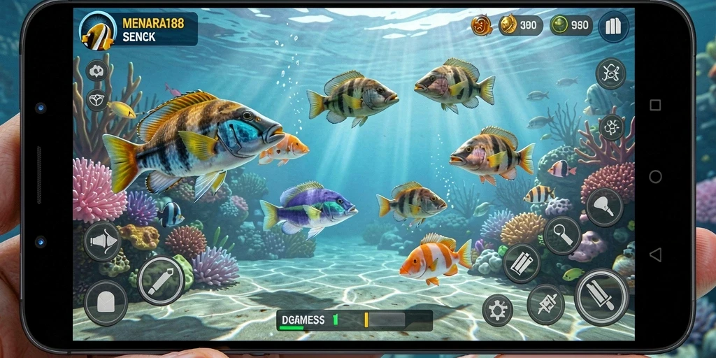 Gameplay seru MENARA188 dengan berbagai ikan berwarna-warni.
