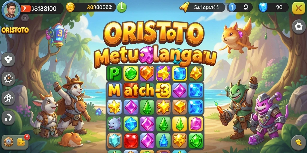 Tangkapan layar dari <strong>ORISTOTO</strong> menampilkan gameplay Match-3 yang penuh warna dan menantang.