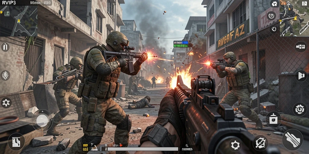 Screenshot gameplay RVIP3 menampilkan aksi tembak-menembak yang intens.