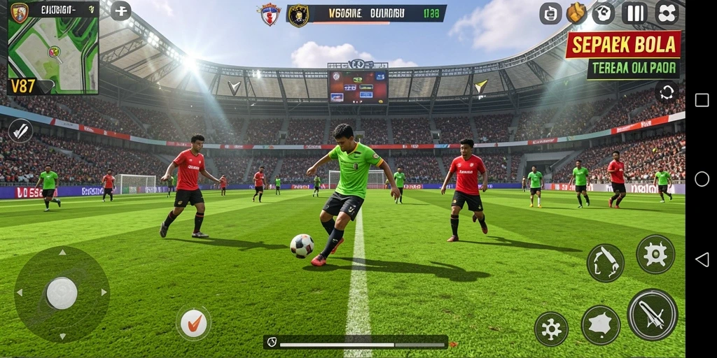 Screenshot utama V87 menampilkan aksi seru pertandingan sepak bola.